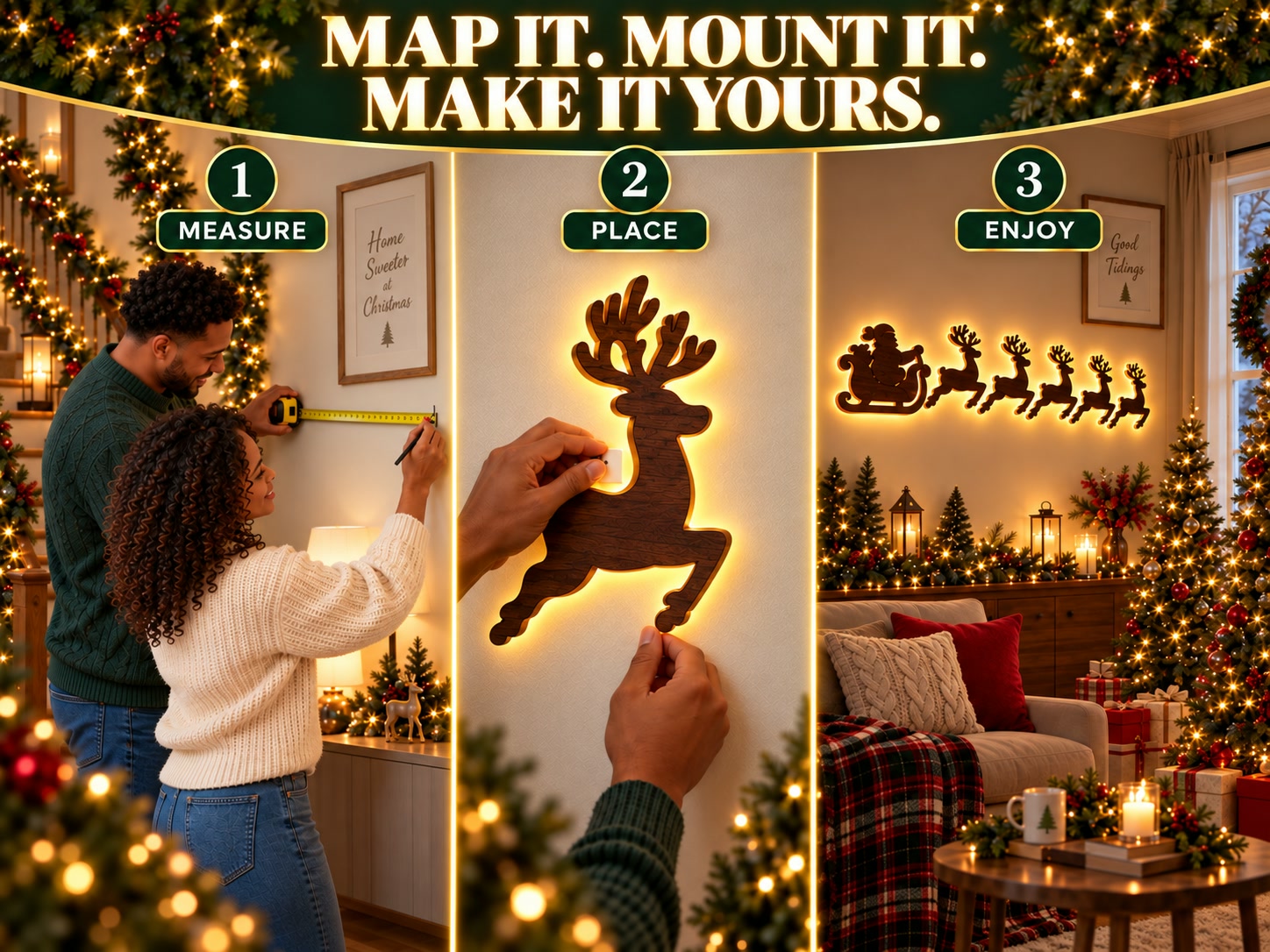 Wall decoration placement planned for living-room, entryway, and dining-room settings