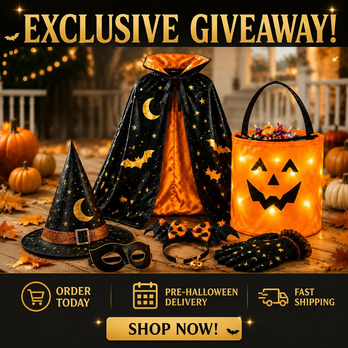 Exclusive giveaway for a premium kids Halloween costume kit with BooLume light-up trick-or-treat bag
