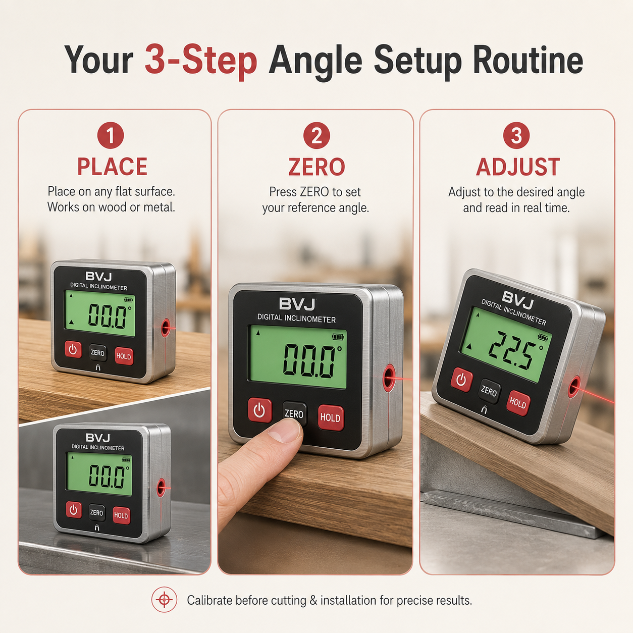 BVJ digital inclinometer three step angle measurement workflow