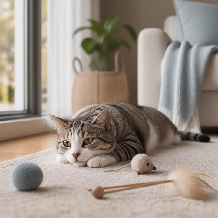 Gato de interior aburrido ignorando juguetes quietos