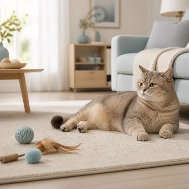 Gato con poca actividad acostado cerca de juguetes sin usar