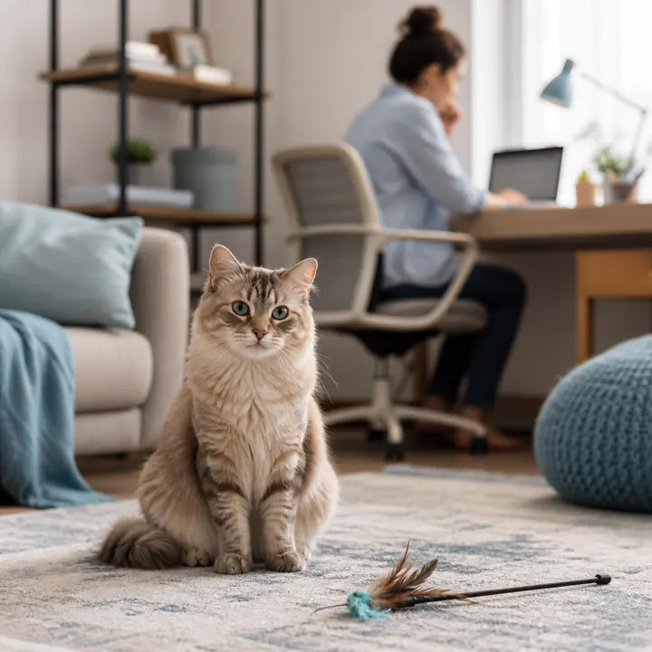 Gato esperando mientras su dueño trabaja