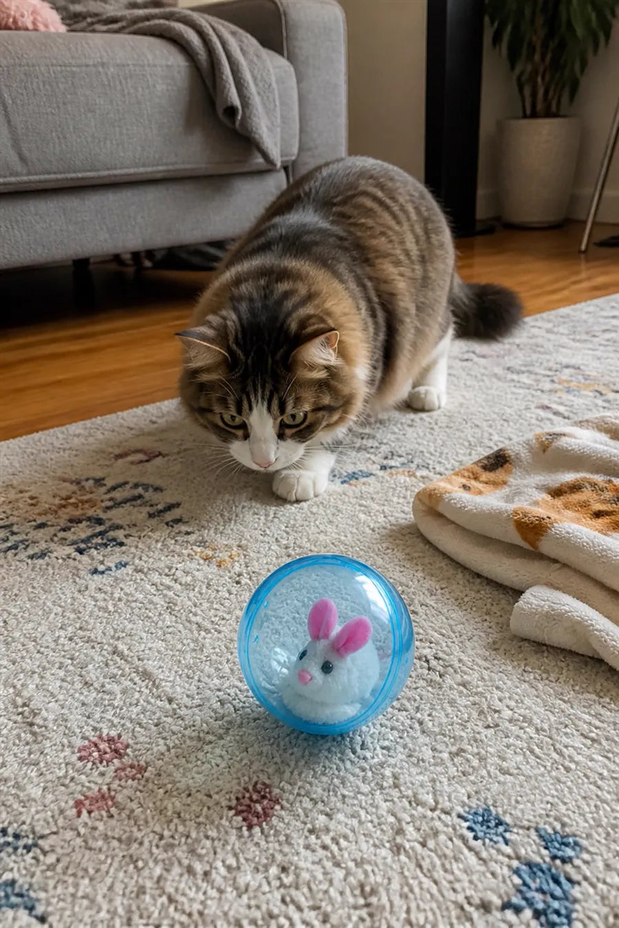 Gato de cliente enfocado en la pelota autorrodante azul