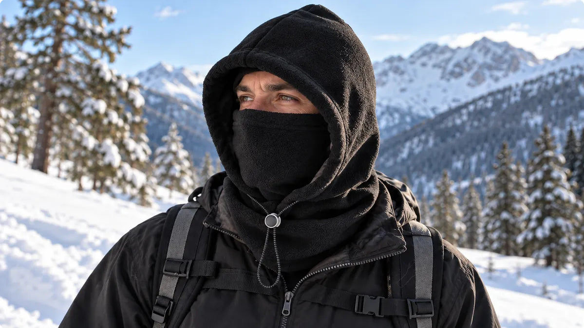 Black fleece hood worn in snowy mountains