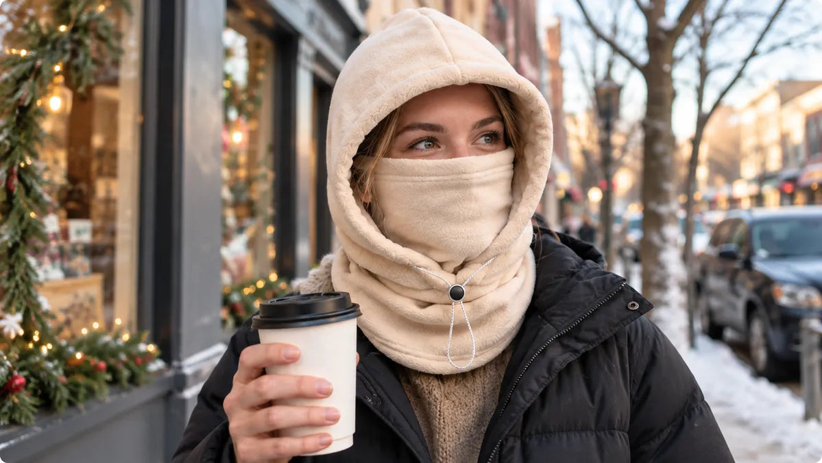 Cream fleece hood worn during a winter coffee walk