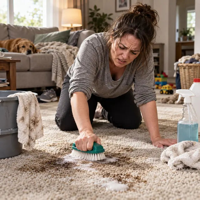 Tired parent scrubbing carpet stain with brush and bucket