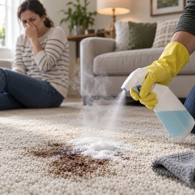 Strong chemical spray on carpet creating odor and harsh cleaning discomfort