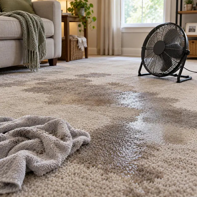 Over-wet carpet drying slowly with a fan