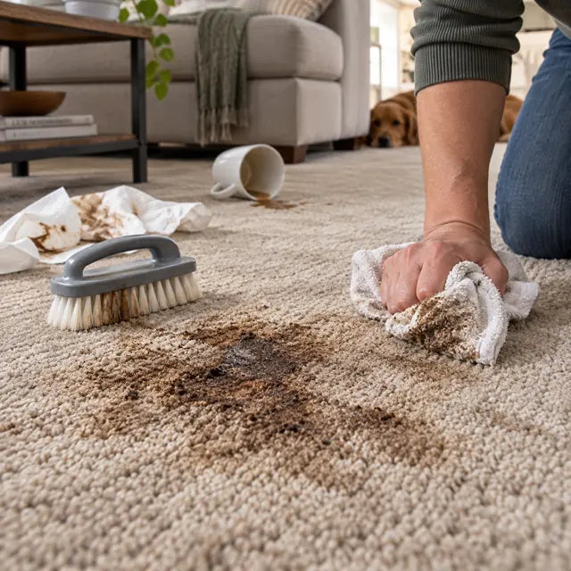 Dirty carpet stain being wiped and spread with a towel
