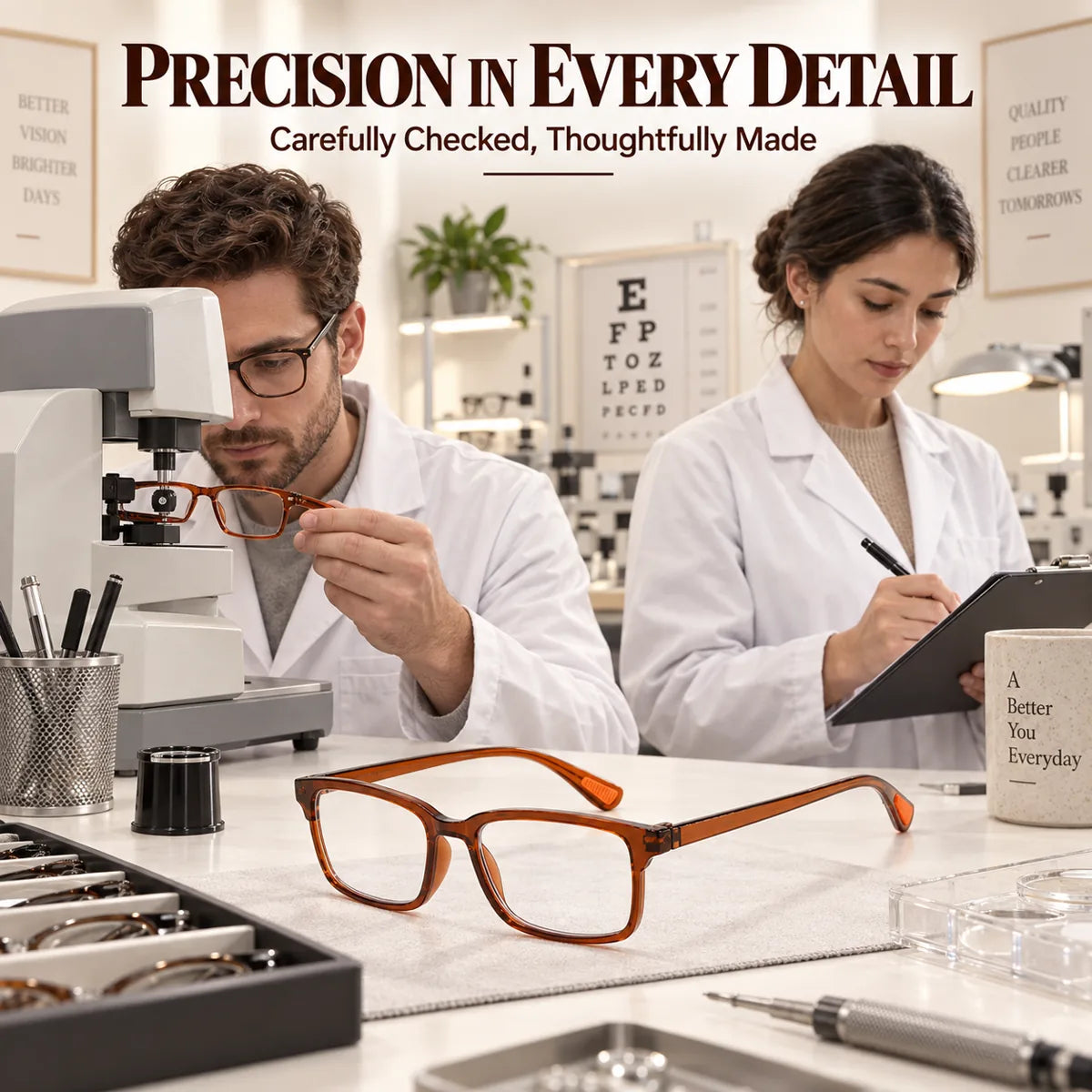 Professional quality-check scene for clear reading glasses