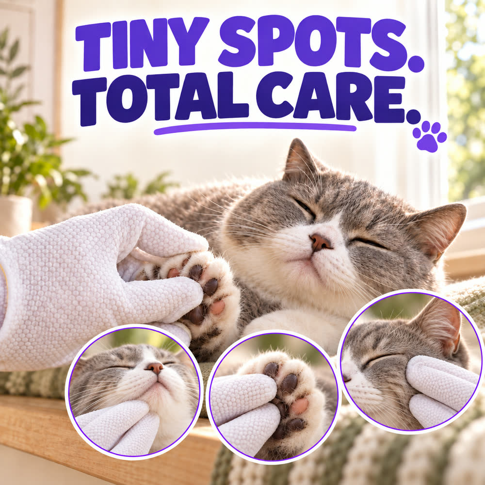Five-finger glove wiping a cat’s paws, chin, and face