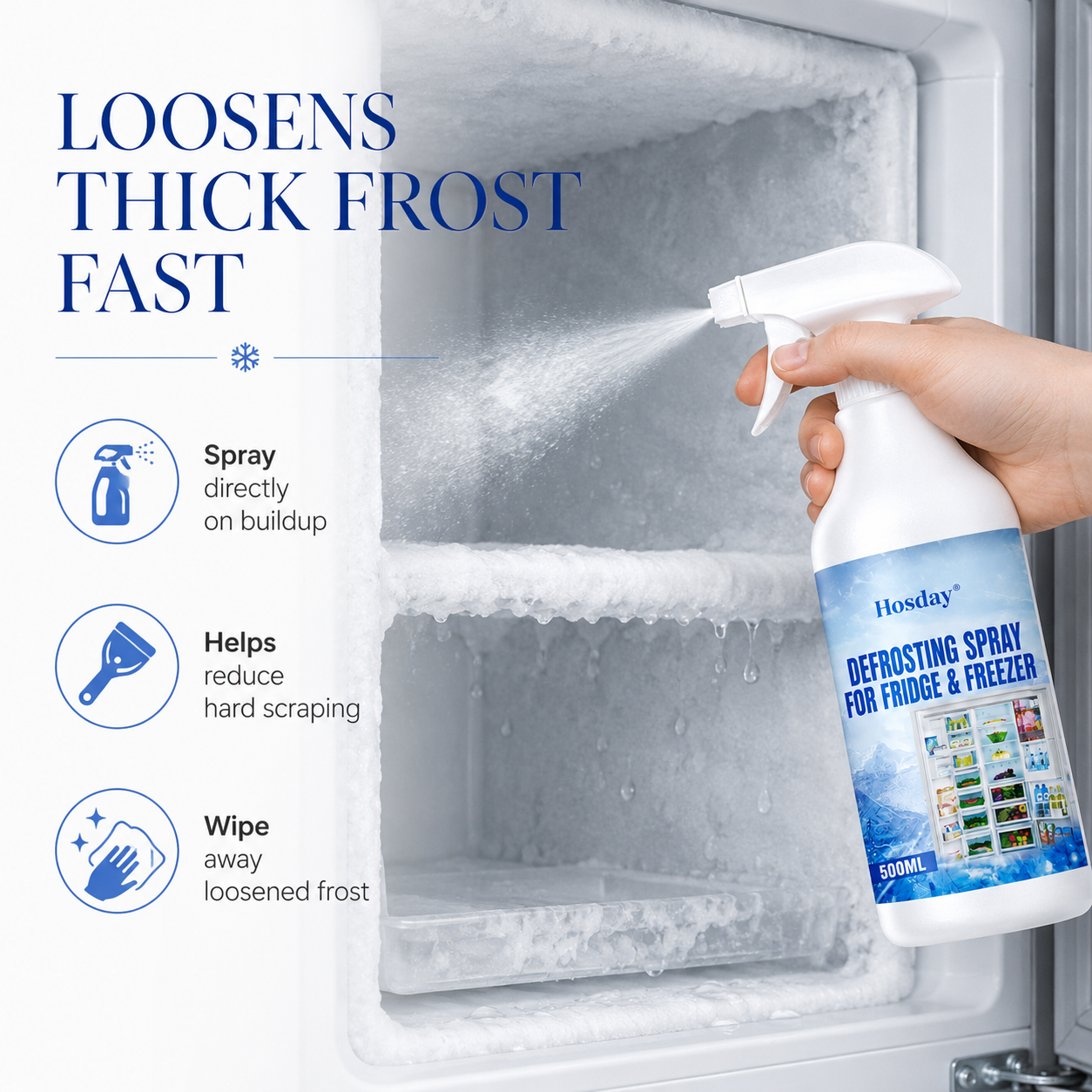 Hosday defrosting spray loosens thick freezer frost fast