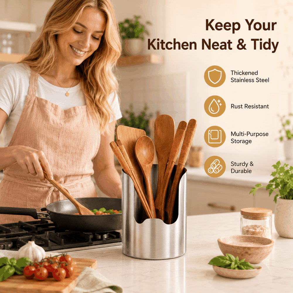 Stainless steel utensil organizer keeping a kitchen neat and tidy