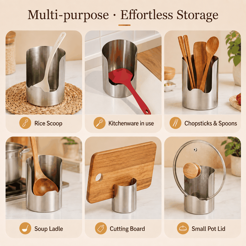 Multi-purpose stainless steel organizer for rice scoop kitchenware chopsticks spoons soup ladle cutting board and small pot lid