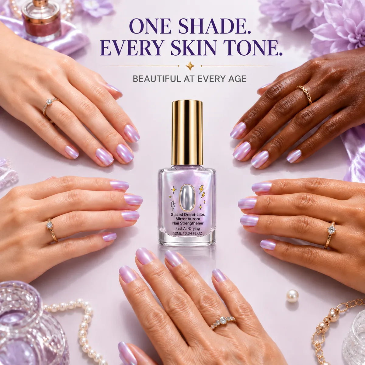One purple shade shown on light medium and deep skin tones