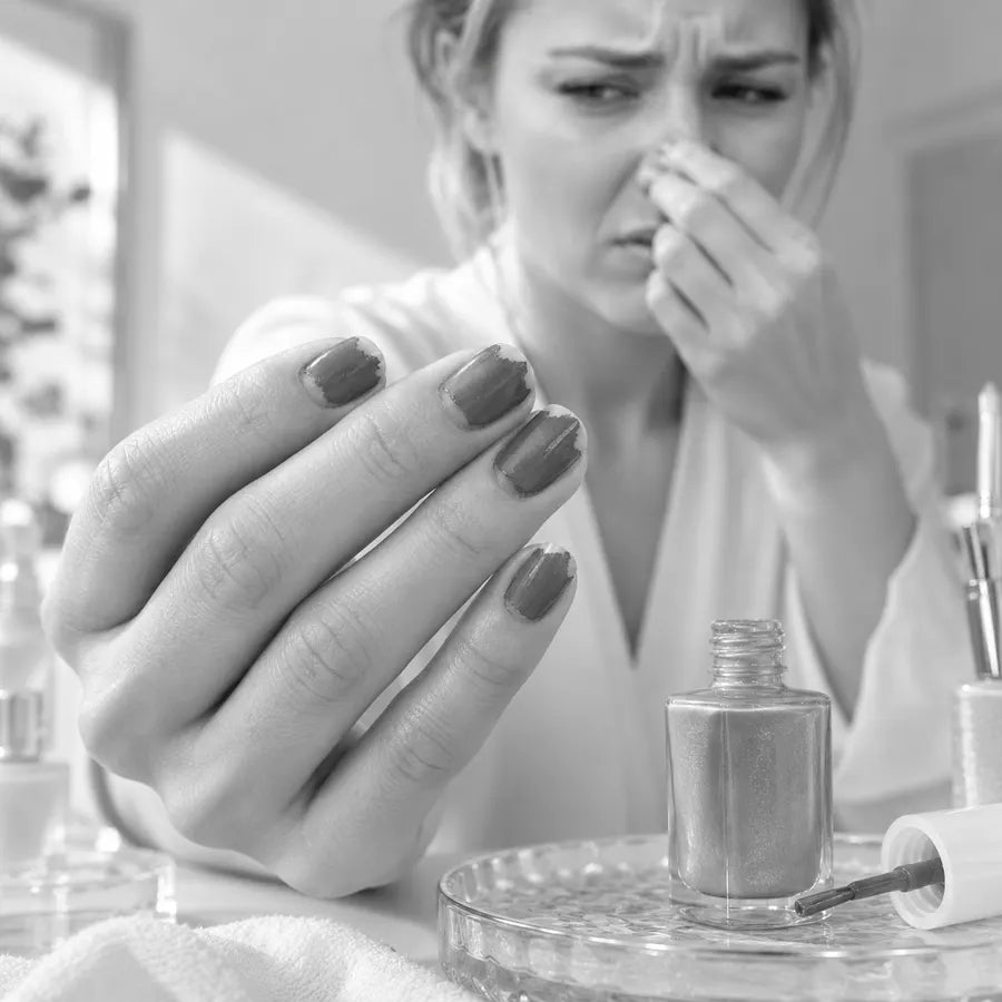 Woman reacting to strong nail polish smell and chipped polish