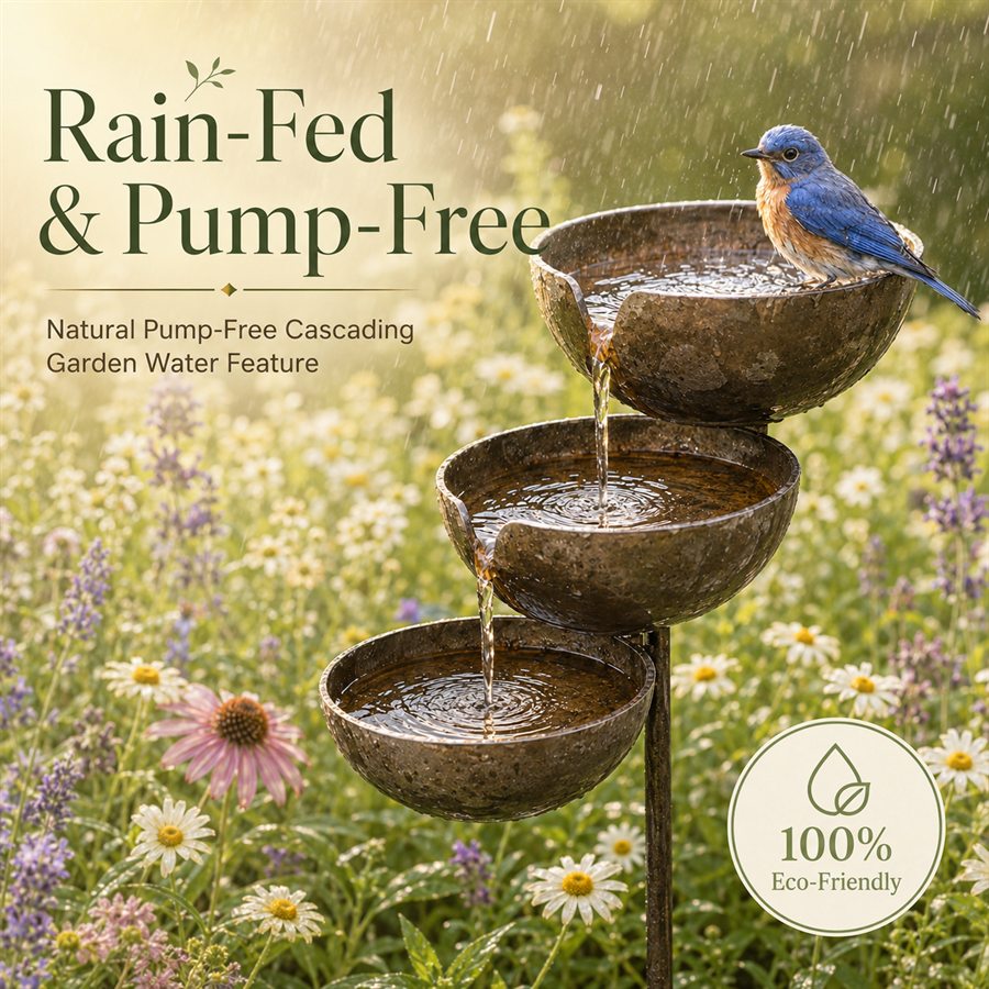 Rain-fed and pump-free cascading garden water feature with bird and eco-friendly badge