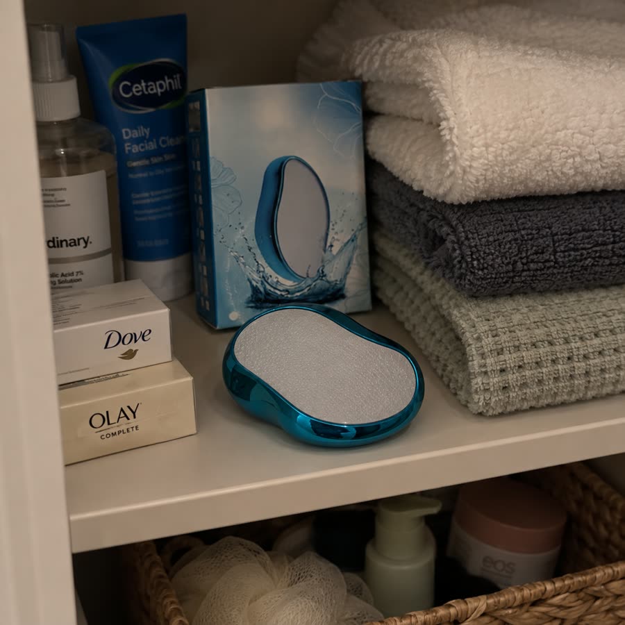 Blue crystal hair eraser stored on a bathroom shelf with towels and skincare