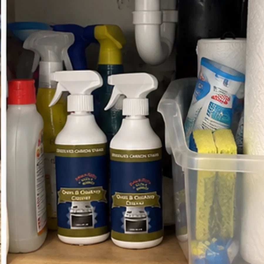 Customer photo of burnt pan bottom next to cleaner bottle