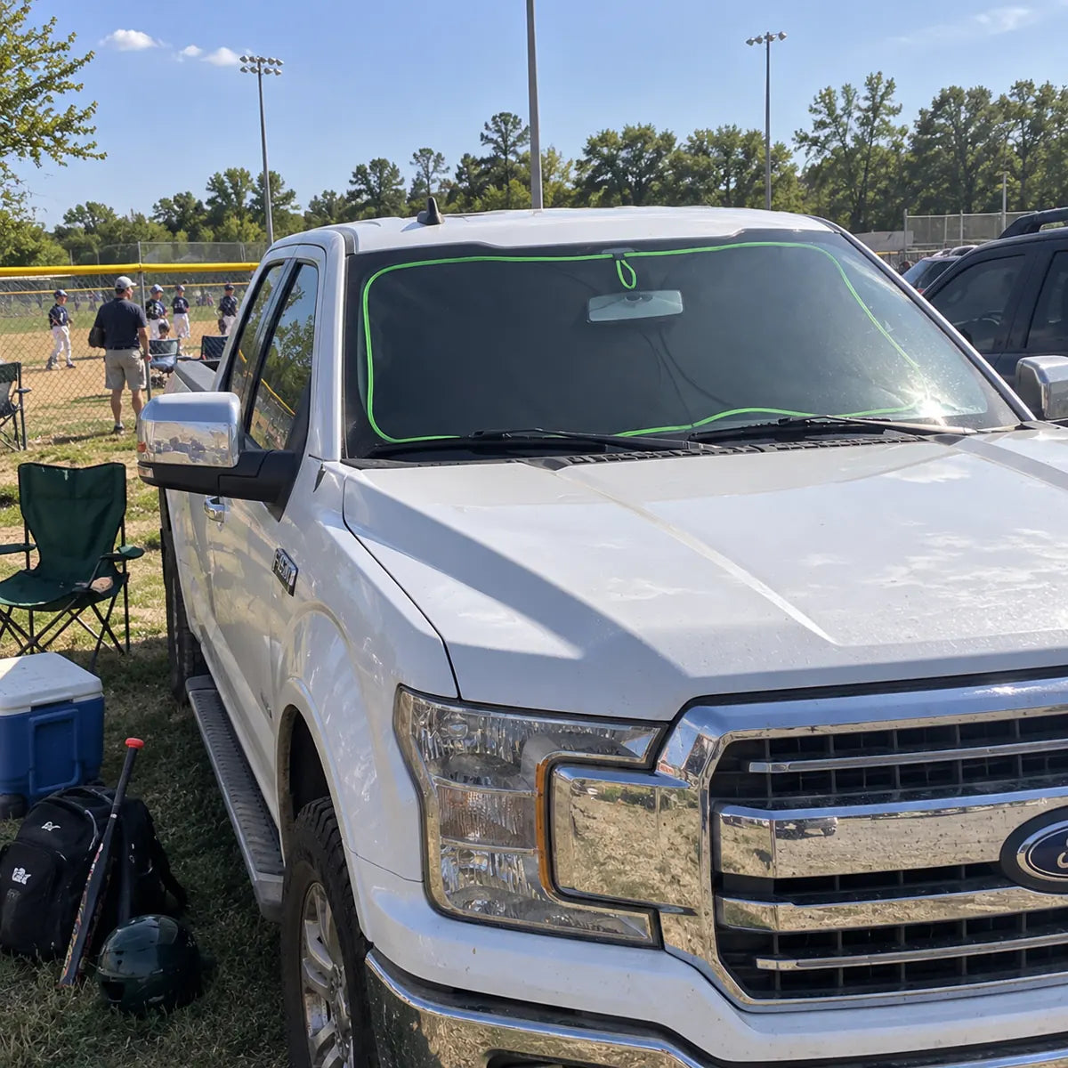 Pickup truck parked outside with windshield sun shade installed