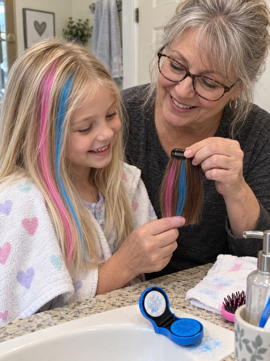 Customer review photo showing bright temporary colors on blonde hair