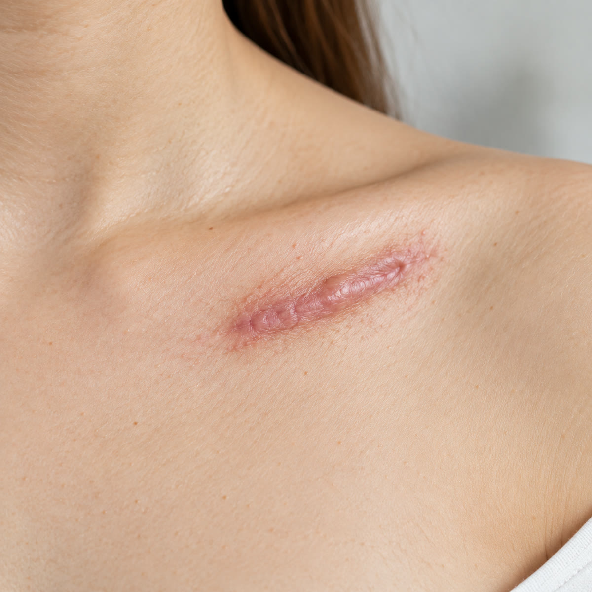 Before view of a raised shoulder scar