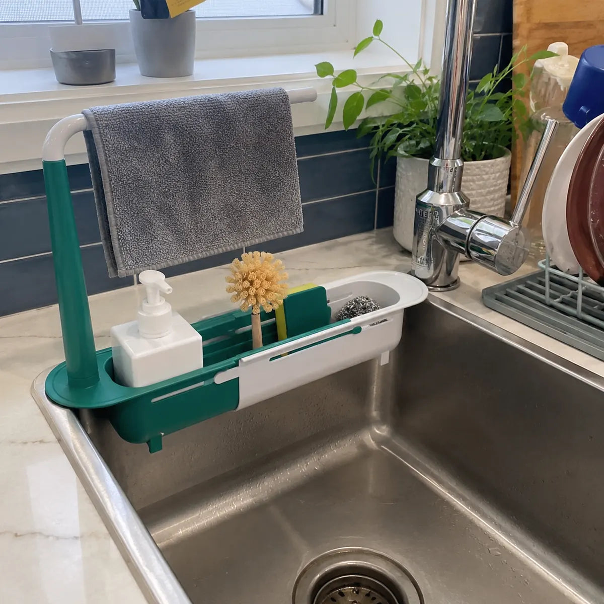Telescopic sink storage drain rack fits apartment family home and large kitchen sinks