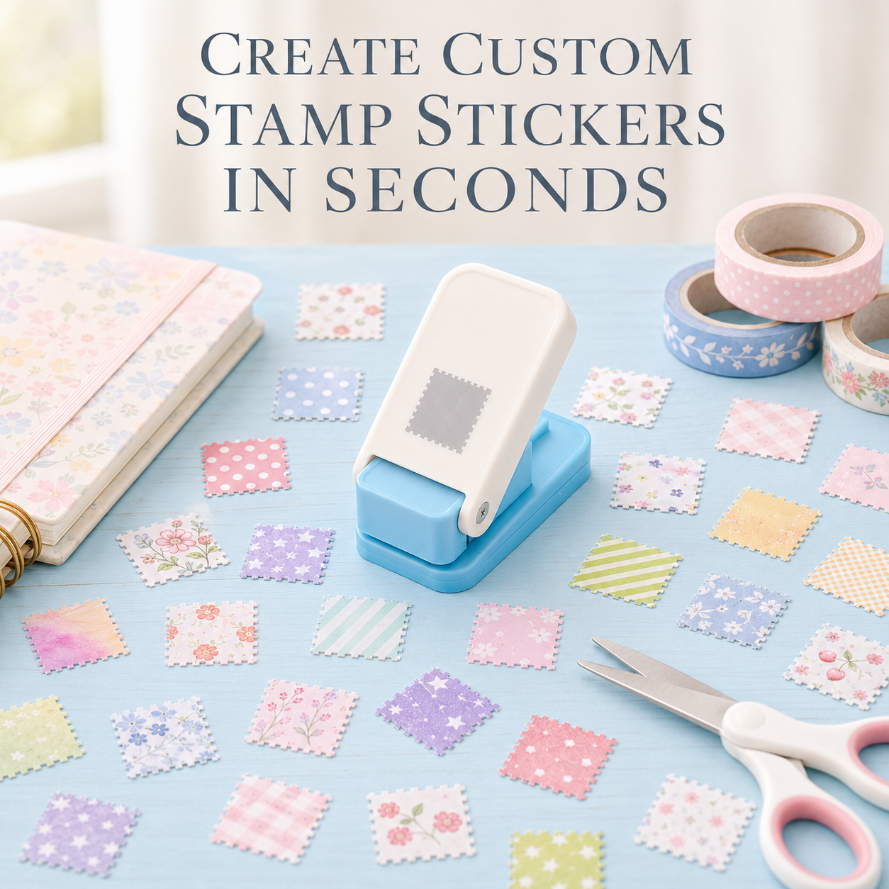 Custom stamp stickers created with a stamp-edge paper punch