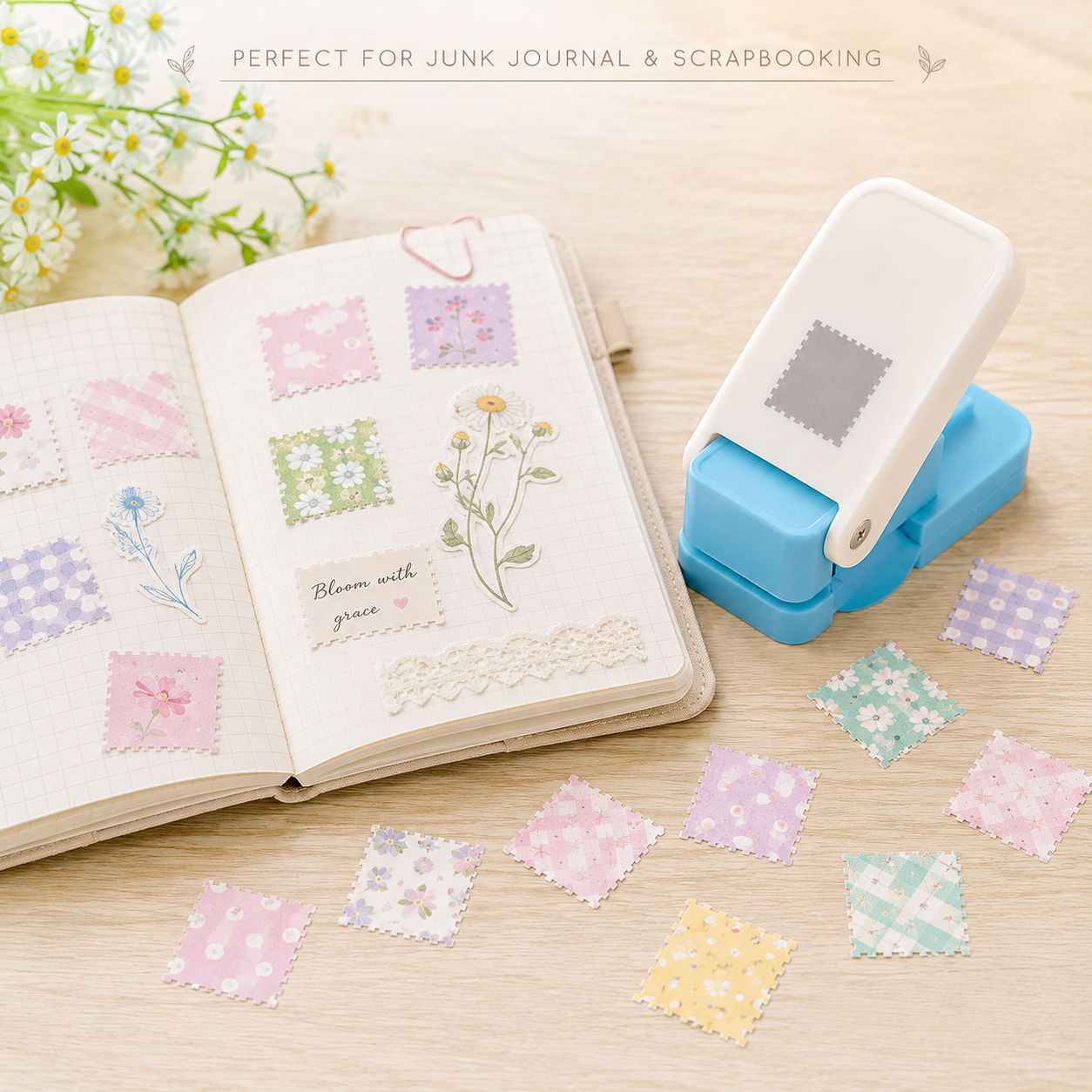 Stamp-edge paper punch for junk journal and scrapbooking layouts