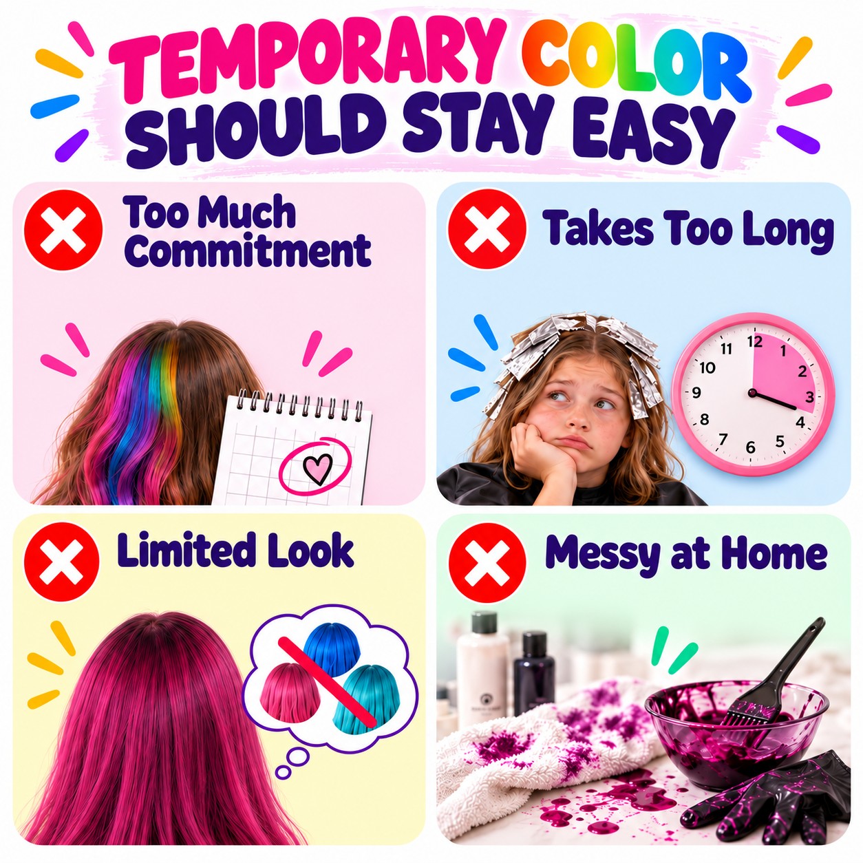 Temporary color challenges including commitment, styling time, limited looks, and mess
