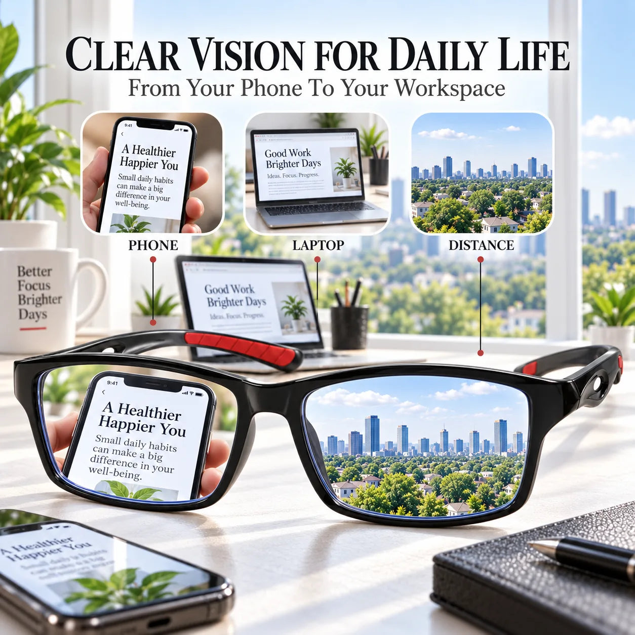 Clear vision for phone, laptop, and distance viewing with everyday glasses