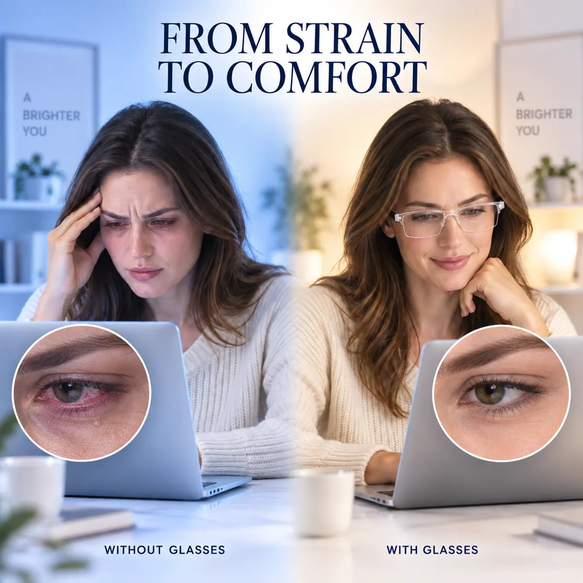 Before and after comparison showing eye strain without glasses and comfort with glasses