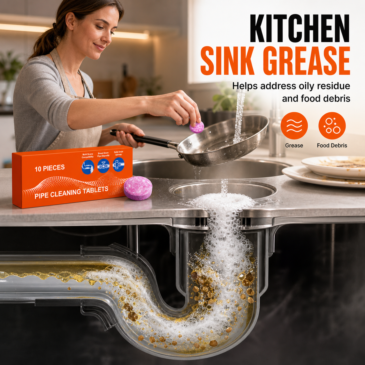 Kitchen sink grease and food debris foaming care