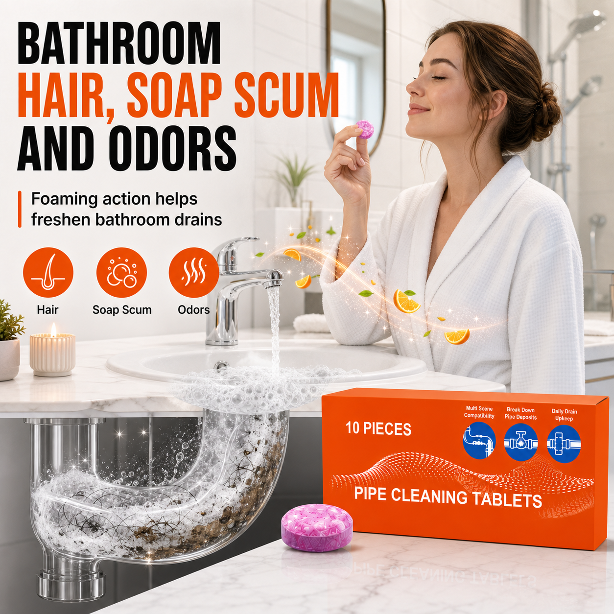 Bathroom hair, soap scum and odors foaming care