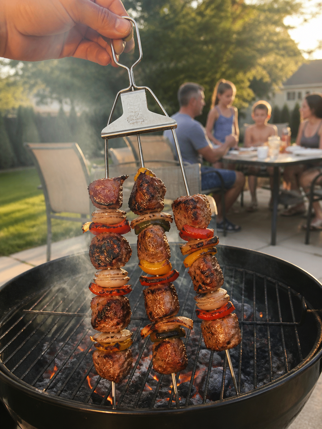 Backyard BBQ family cookout with 3-way grill skewers