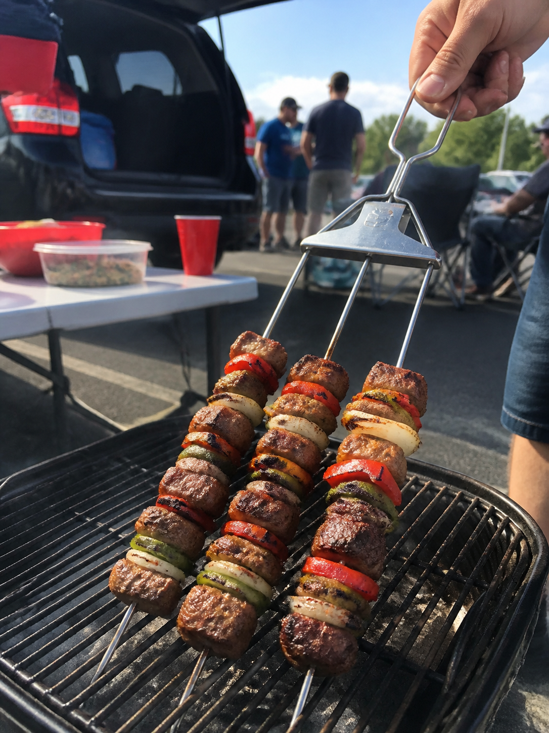Tailgate grill skewers on a portable grill