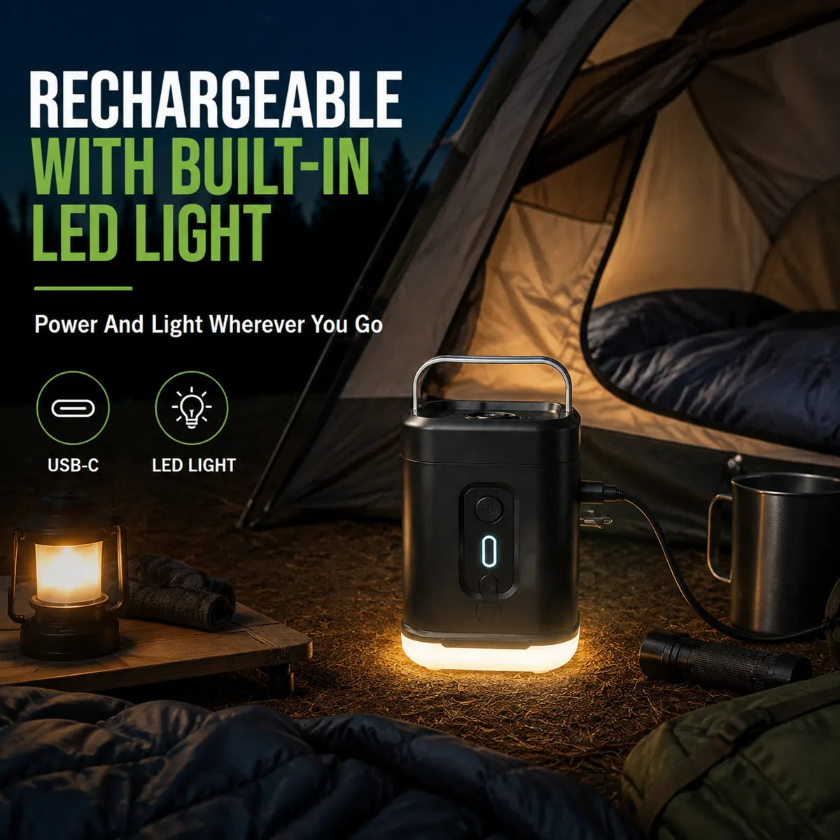 A92 rechargeable camping air pump with built-in LED light in tent at night