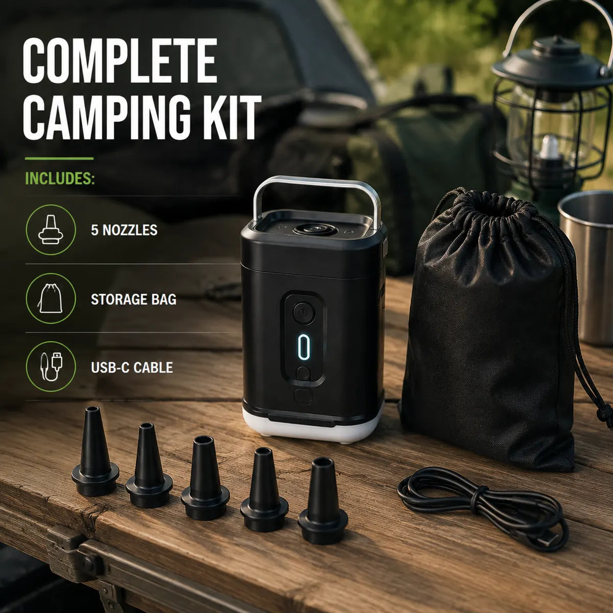 A92 complete camping air pump kit with five nozzles storage bag and USB-C cable