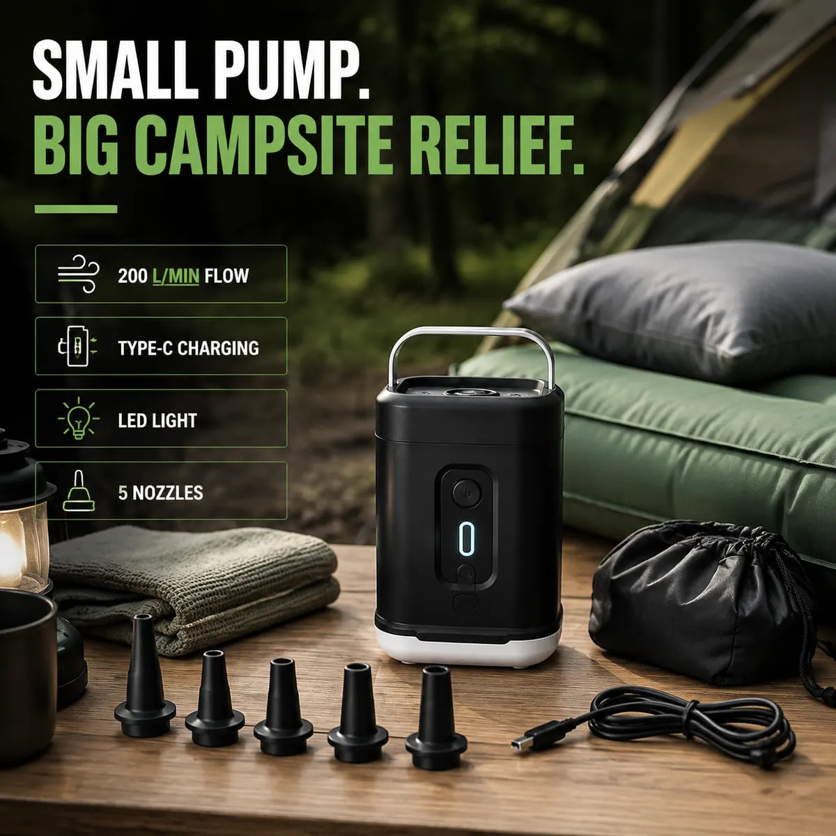 A92 rechargeable camping air pump campsite relief feature image