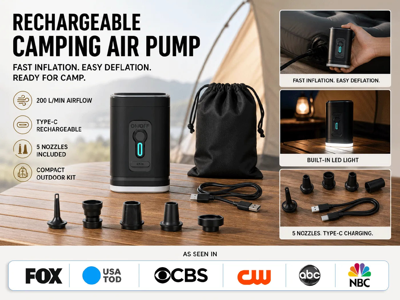 A92 rechargeable camping air pump trust endorsement graphic