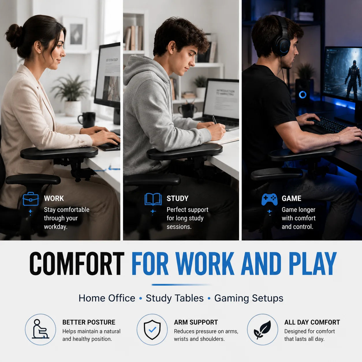 A106 desk arm support comfort for work study and gaming