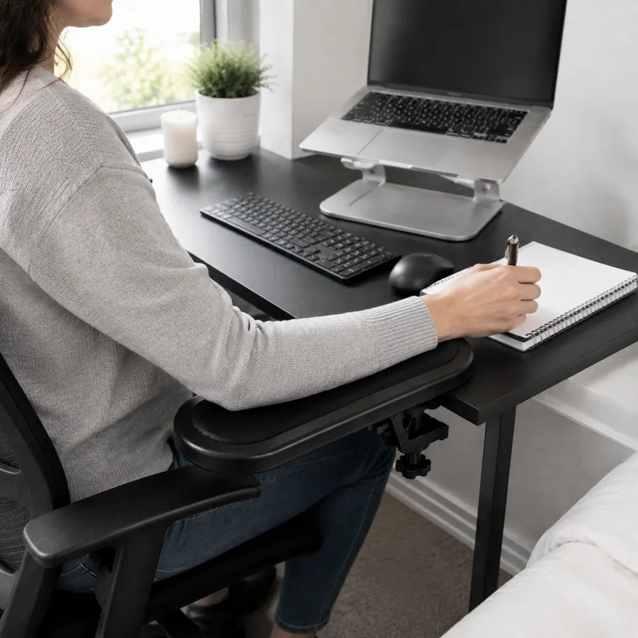 Grace L. home office typing and browsing review photo
