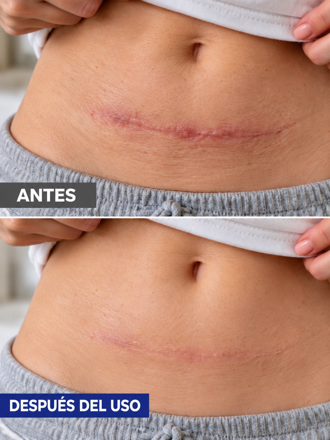 Comparación antes y después del uso en una cicatriz del abdomen bajo completamente cerrada