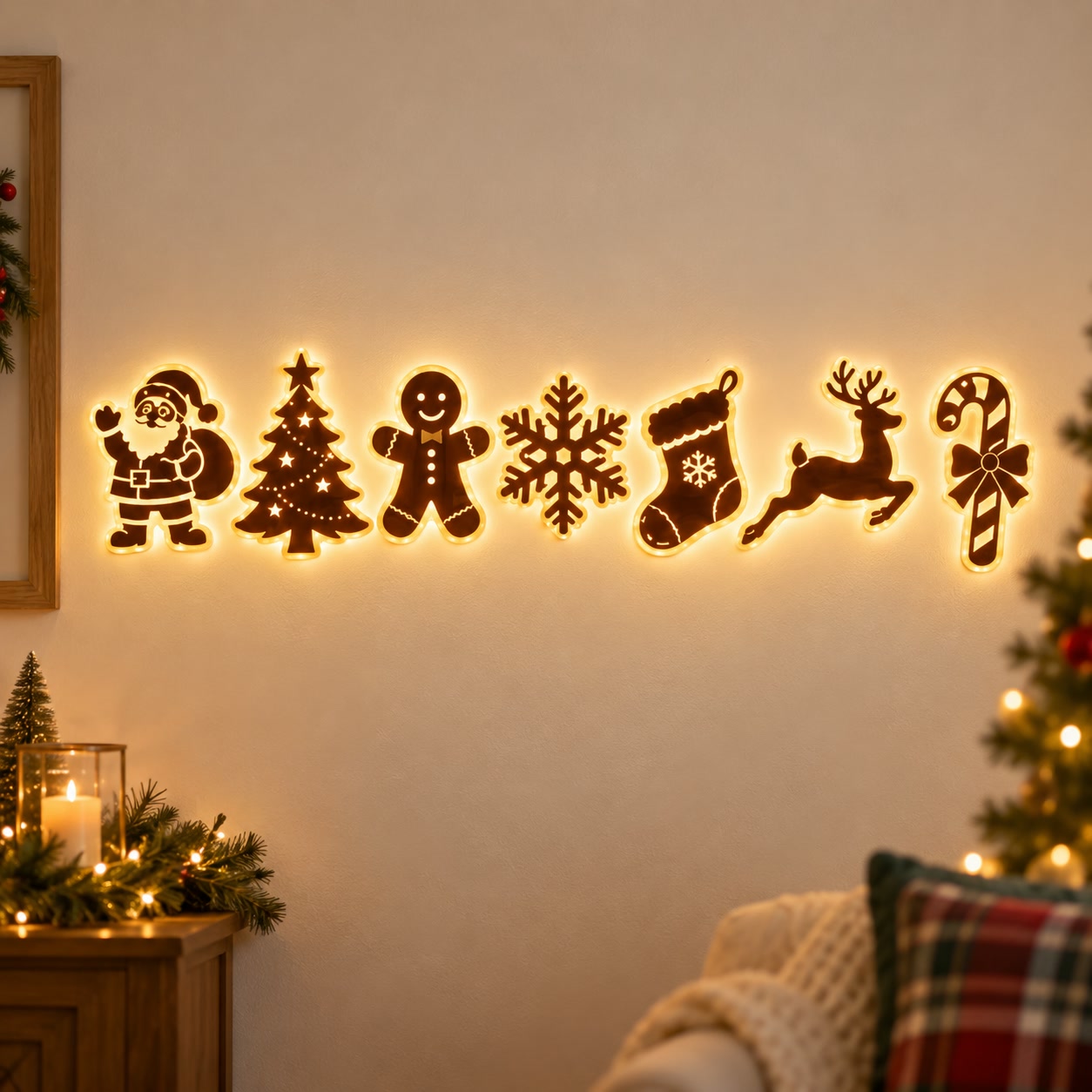 The same Christmas living-room wall with the warm illuminated character display installed