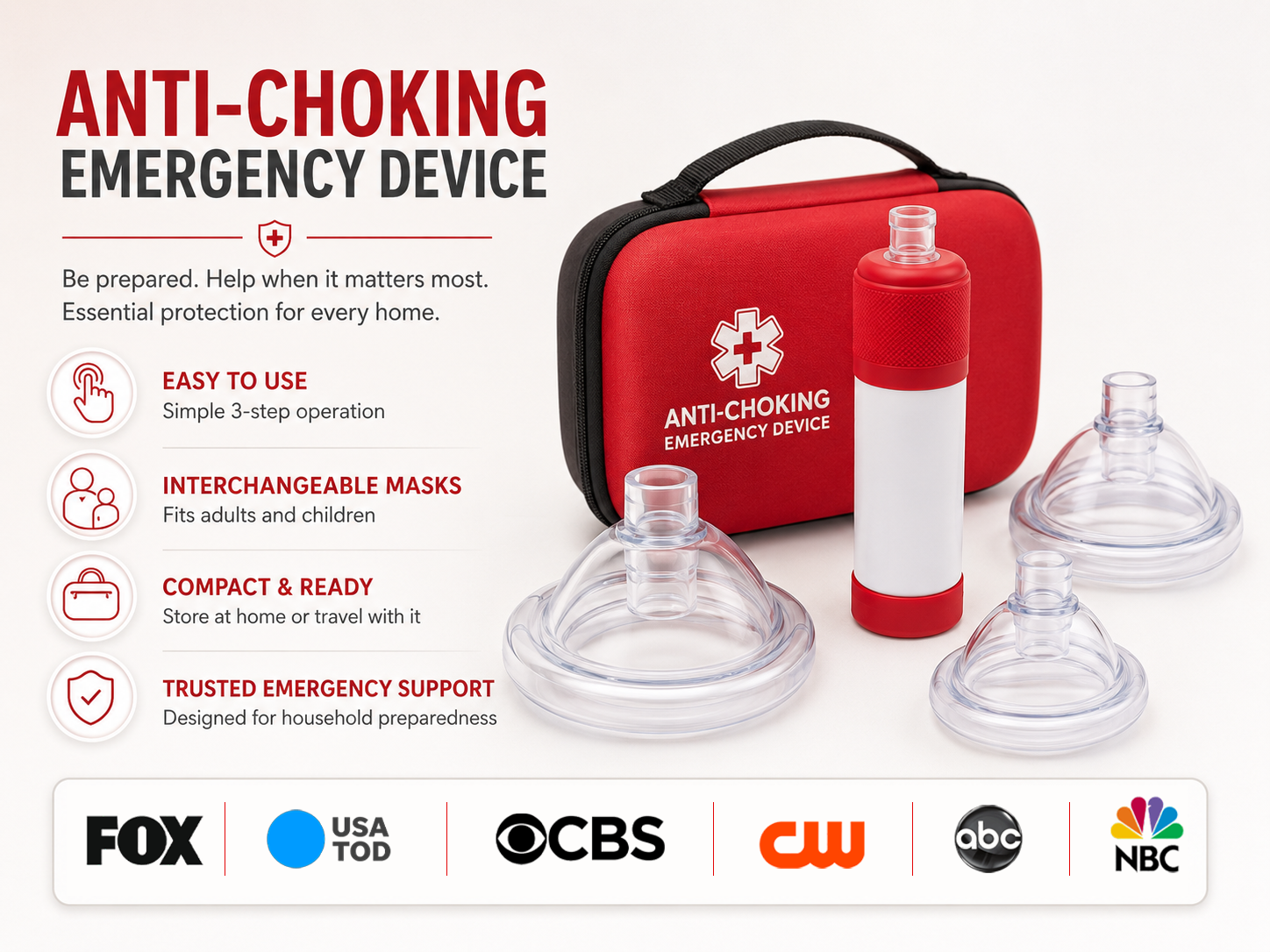 Anti choking emergency device trust proof image with product benefits and household preparedness message