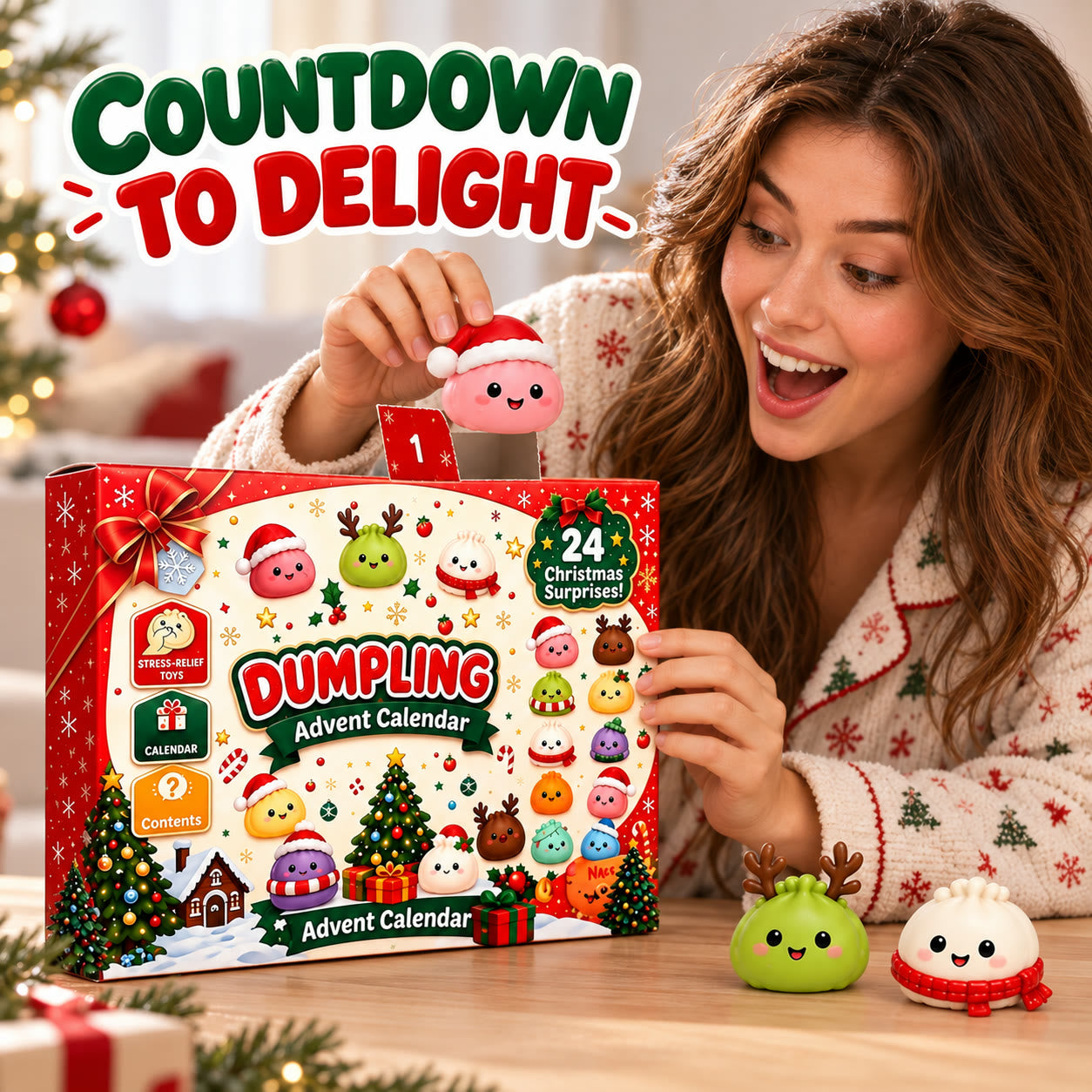 Adult opening the first calendar door and revealing a Christmas squishy