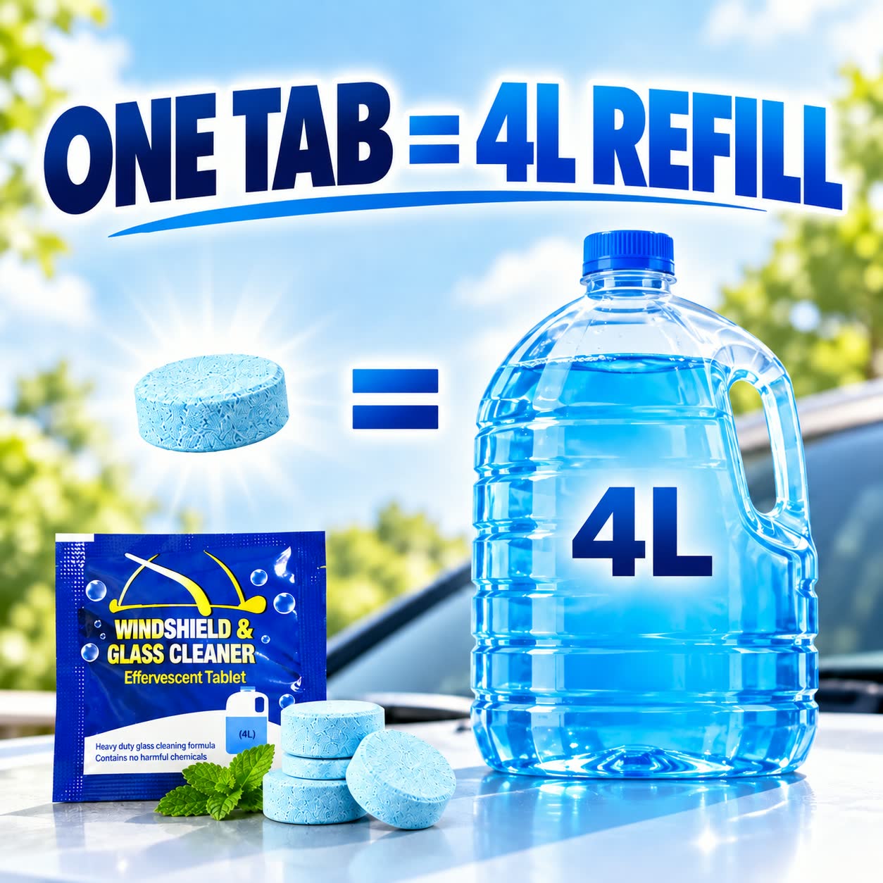 One compact washer tablet beside a four-liter marked water container