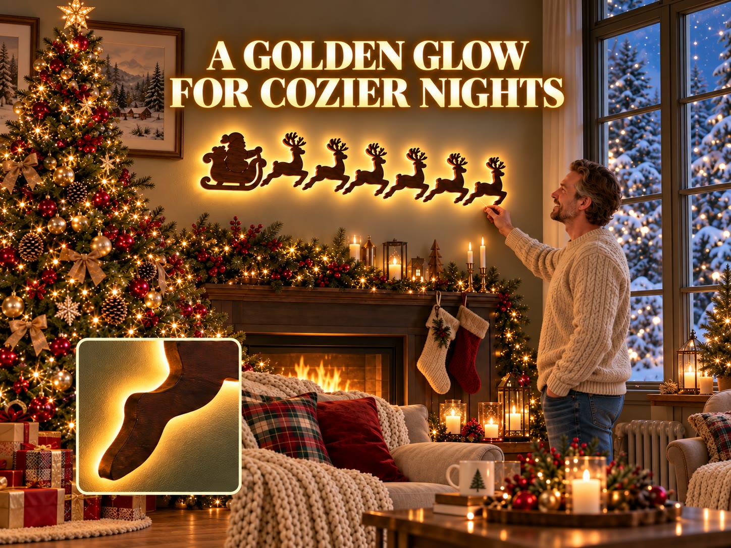 Warm illuminated Christmas silhouettes glowing against a living-room wall