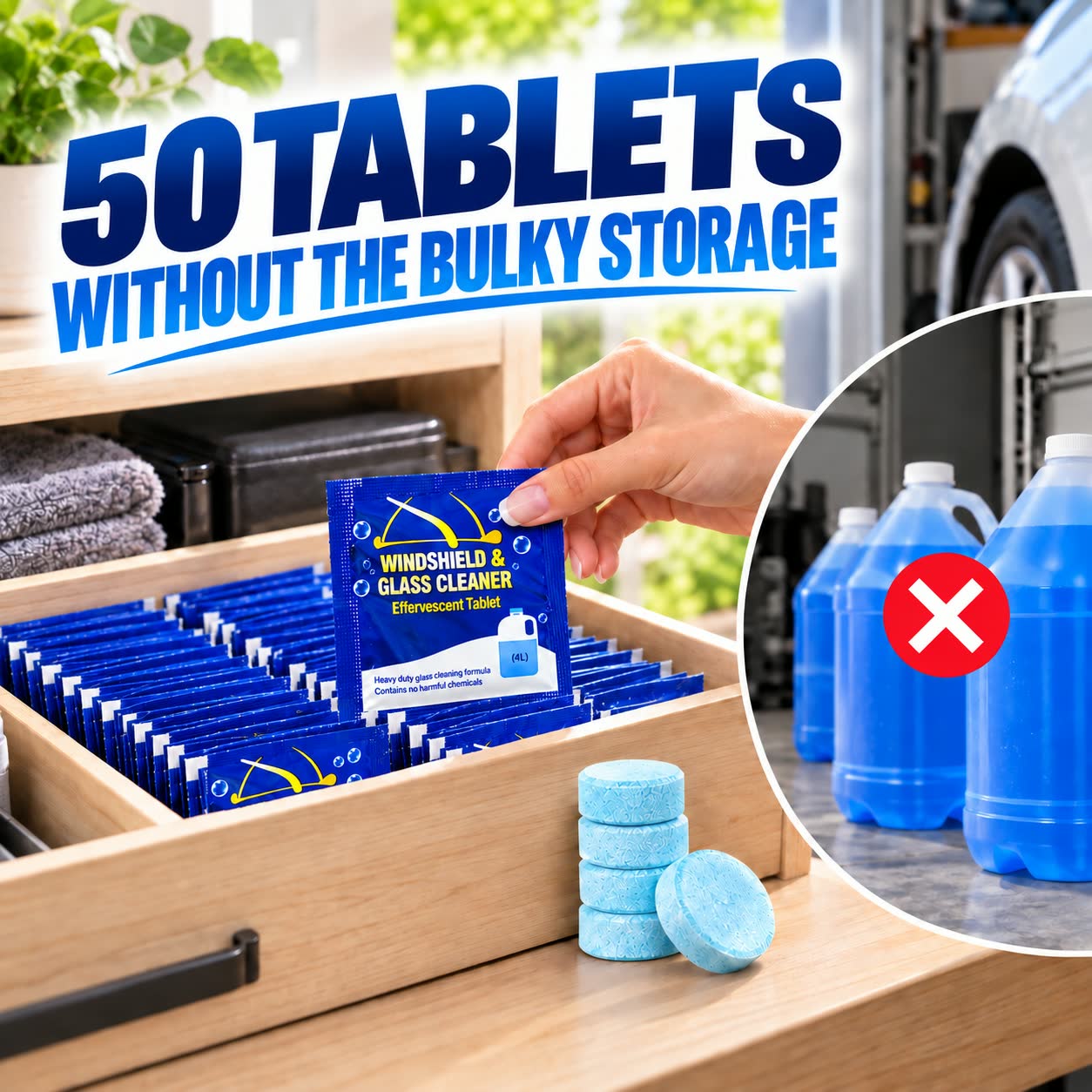 Compact washer tablets stored in a small garage drawer beside bulky fluid jugs
