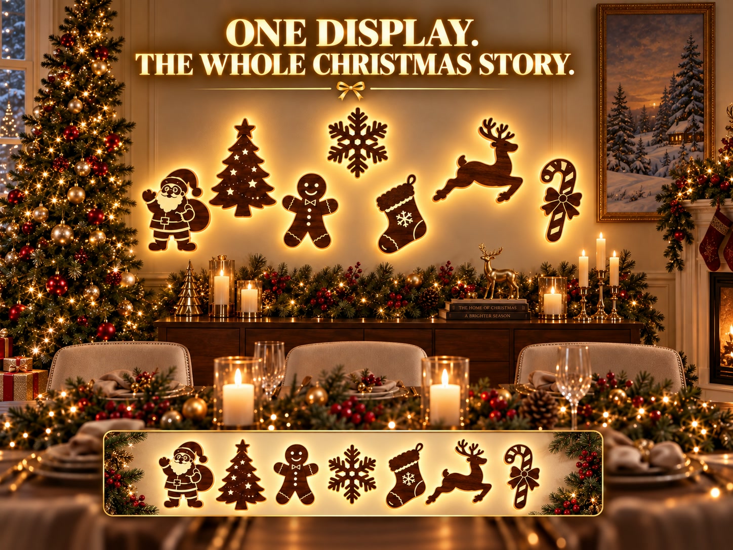 The complete Santa, sleigh, and reindeer silhouette arranged as one wall scene
